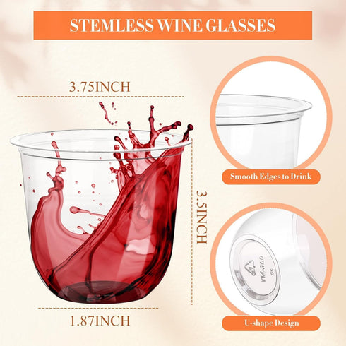 KesaPlan 100 Pcs Clear Classic 12oz Crystal Plastic Stemless Wine Glasses for Weddings, Meetings, Birthdays, Parties