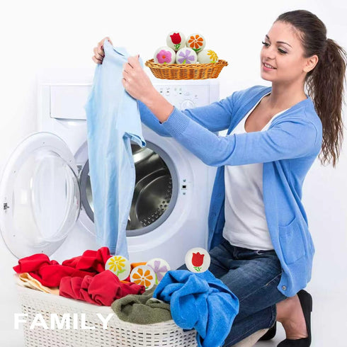 Qiseec 6-Pack Wool Dryer Balls XL - Unique Petal Embroidery, Natural Reusable Laundry Fabric Softener, Reduces Wrinkles