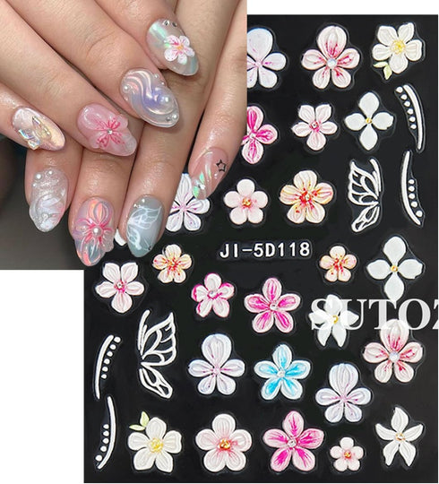 Flower Nail Art Stickers Luxury 5D Embossed Colorful Five Petal Flowers Nail Design for Women, 3 Sheets