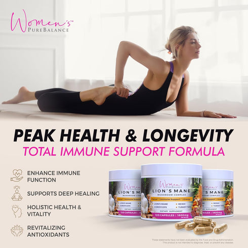 Immune (120 Women's PureBalance Lion's Mane Mushroom Supplement Capsules with Reishi, Cordyceps, Turkey Tail Brain