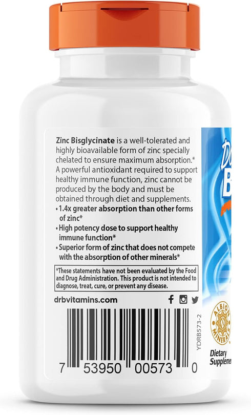 Doctor's Best High Absorption Zinc Bisglycinate 50mg, 90 Count, High Potency Immune System Antioxidant Support