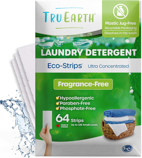 Tru Earth Compact Dry Laundry Detergent Sheets, Unscented, Up to 128 Loads, 64 Sheets, Eco-Strip Liquidless
