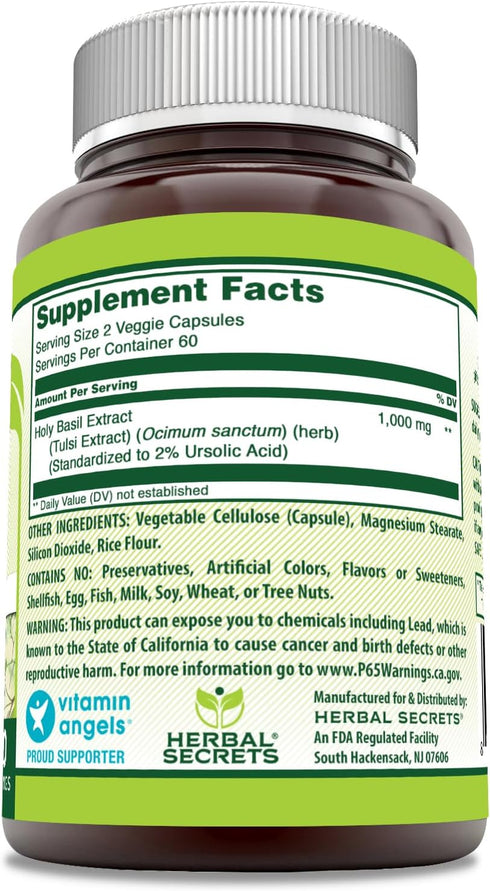 Herbal Secrets Holy Basil Supplement, 1000 Mg Per Serving, 120 Veggie Capsules, Non-GMO