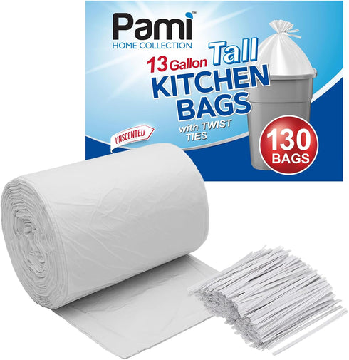 PAMI 13-Gallon Tall Kitchen Garbage Bags, 130-Pack, White with Twist Ties, Unscented Odor-Control Trash Can Liners