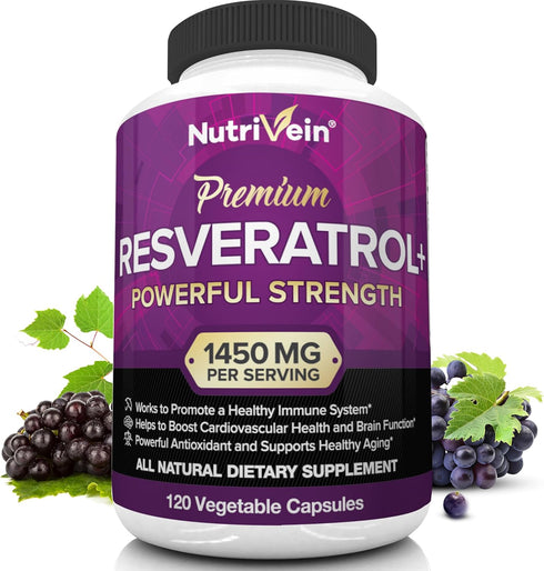 Nutrivein Resveratrol 1450mg - Antioxidant Supplement, 120 Capsules for Healthy Aging, Immune, and Joint Support