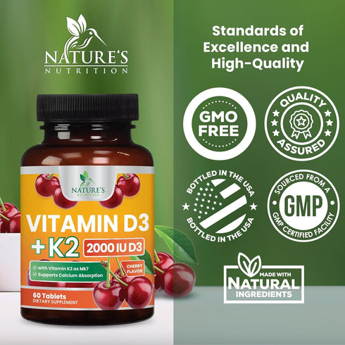 Vitamin D3 K2 2000 IU Plus with K2 (MK-7) 75 mcg - Vitamins D & K Complex Supplement for Bone, Teeth, Muscle Health