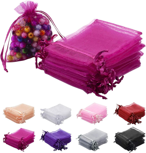MOTYAWN 100 PCS Rose Red Organza Bags, Sheer Drawstring Gift Bags for Wedding Party and Christmas Favors