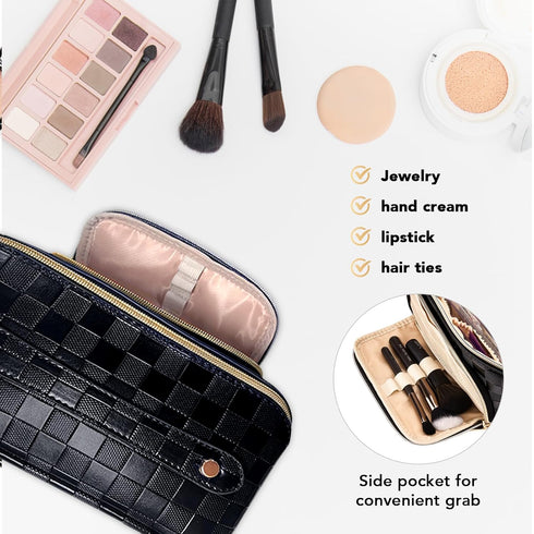 stona Travel Makeup Bag for Women, Large Capacity Waterproof Checkered Cosmetic Organizer with Divider and Handle, Black
