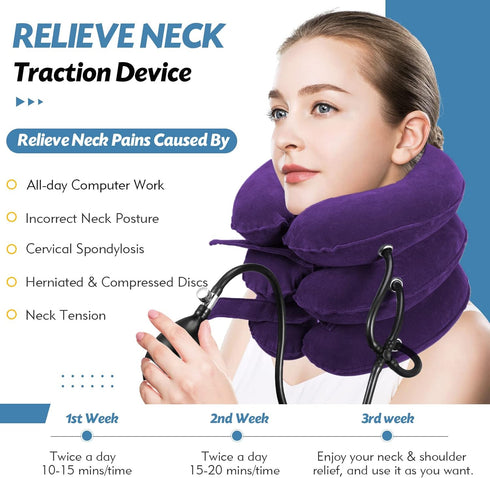 Neck Stretcher, Adjustable Cervical Traction Device for Neck Pain Relief, Inflatable Neck Brace for Home Use (Purple)