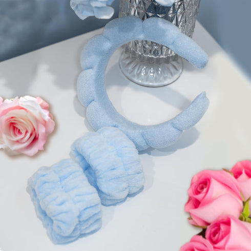 Blue Spa Headband for Washing Face, Soft Puffy Makeup Skincare Headband & Wristband Set for Women Girls