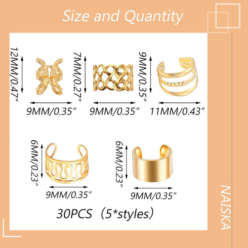 NAISKA Gold Metal Hair Jewelry for Braids, Dreadlocks, Beards - 30PCS Non-Piercing Ear Clips, Cuffs, Locs Decoration