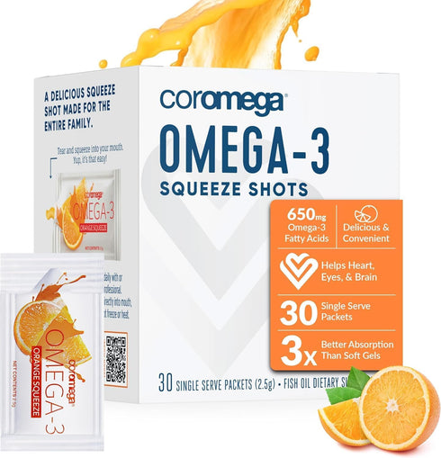 Coromega Omega 3 Fish Oil Supplement, 650mg Omega-3s, Orange Flavor, 30 Single Serve Packets