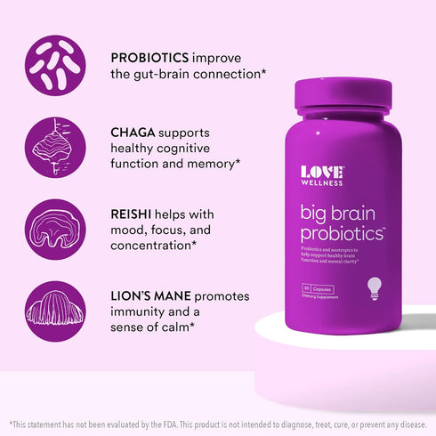 Love Wellness Nootropics Brain Support Supplement - 30 Capsules, Big Brain Probiotics for Cognitive Health & Focus