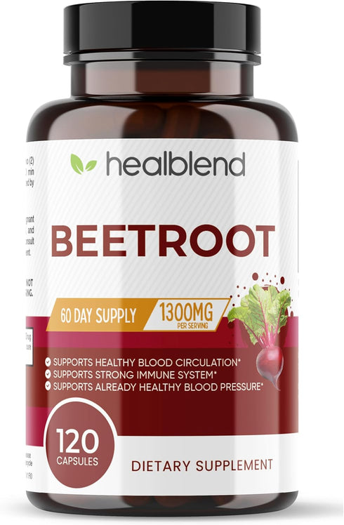 healblend Organic Nitric Oxide Beet Root Capsules 1300mg - Nitric Oxide Booster, Support Immune System - 120 Count