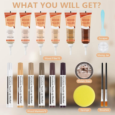 Wood Furniture Repair Kit, 6 Oak Color Wood Fillers with 6 Touch Up Markers and Polish Wax for Wooden Stains