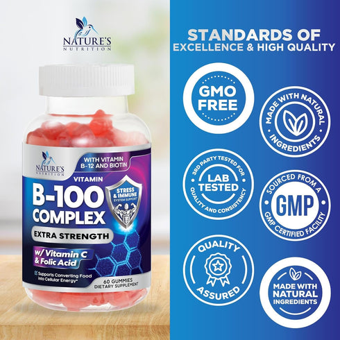 Super B Complex Gummies with Vitamin C & Folic Acid, Extra Strength Vitamin B Gummy Supplement - 60 Gummies