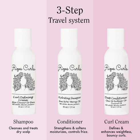Rizos Curls Trio Travel Curl Kit, Includes Travel Hydrating Shampoo, Deep Conditioner, Curl Cream, 3 Pack of 2 oz