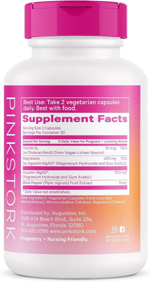 Pink Stork Magnesium Supplement for Women, 60 Capsules - Vitamin D, Mood, Natural Calm & Energy Levels, Pregnancy