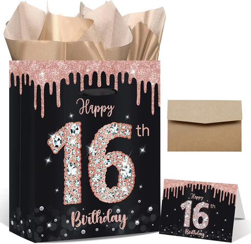 SUNDECO Sweet 16 Birthday Gift Bag - Large Rose Gold and Black Party
