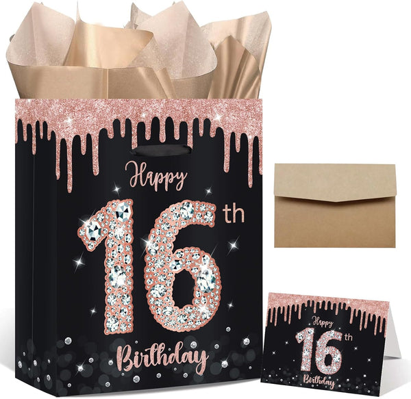 SUNDECO Sweet 16 Birthday Gift Bag - Large Rose Gold and Black Party