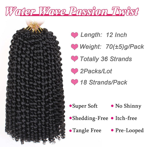 Leeven 12 Inch Water Wave Crochet Hair - 2 Packs Short Bob Passion Twist Hair for Butterfly Locs, Natural Black