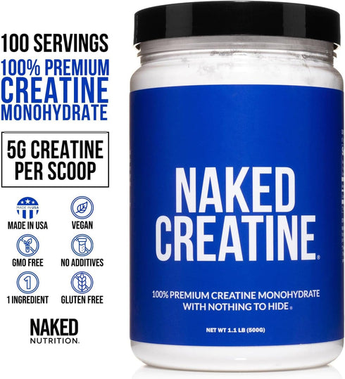 Naked Pure Micronized Creatine Monohydrate - 100 Servings, 500 Grams, Vegan, Non-GMO, Gluten Free