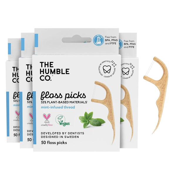 The Humble Co. Floss Picks (200 Count) – Plant Based Dental Floss Picks for Superior Oral Care and Gum Health (Mint,
