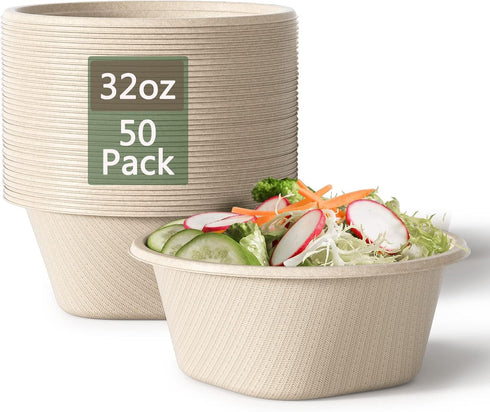 Homestockplus 32 Oz Deep Disposable Paper Bowls, 50 Pack Heavy Duty Compostable Bowls for Soup, Salad, Dessert, Ice