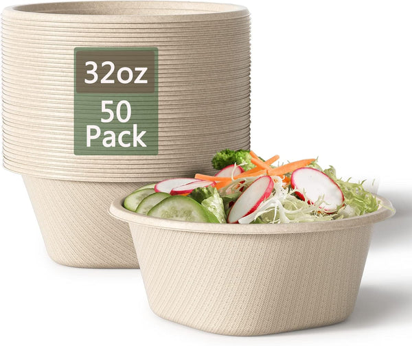 Homestockplus 32 Oz Deep Disposable Paper Bowls, 50 Pack Heavy Duty Compostable Bowls for Soup, Salad, Dessert, Ice
