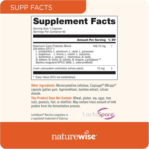 NatureWise Max Probiotics for Women & Men, 60 Capsules, 30 Billion CFU, 18 Strains, Gluten Free, Delayed-Release