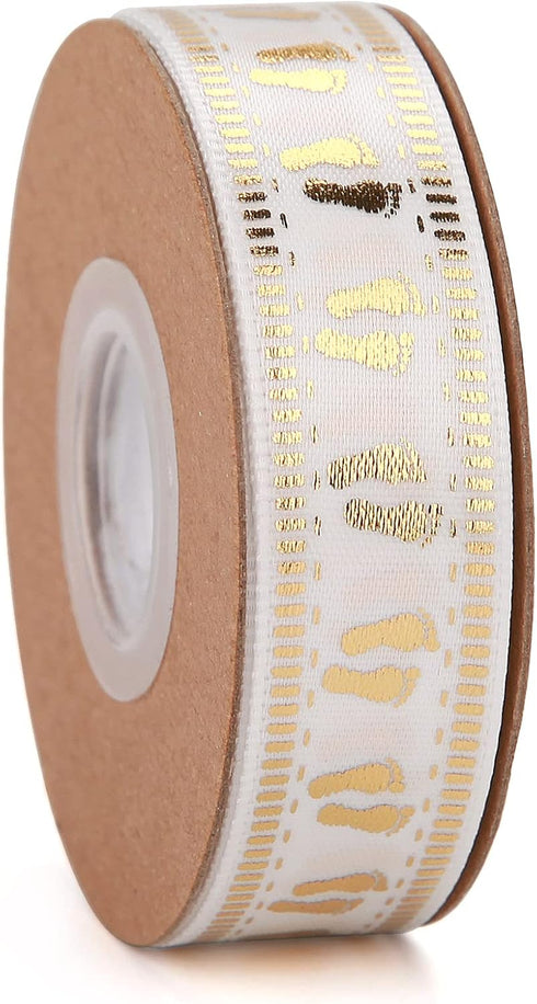 40 Yards White and Gold Baby Shower Ribbon Welcome Baby Foot Print Ribbons for Crafts, Gift Wrapping, Party Decoration