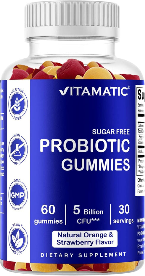 Vitamatic Probiotic Sugar Free Gummies, 5 Billion CFUs for Digestive, Immune & Gut Health, Gluten Free for Men and
