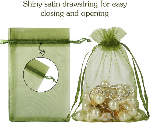 HRX Package 100pcs Olive Green Organza Drawstring Bags - 4 x 6 inch Candy Mesh Gift Bags Jewelry Pouches