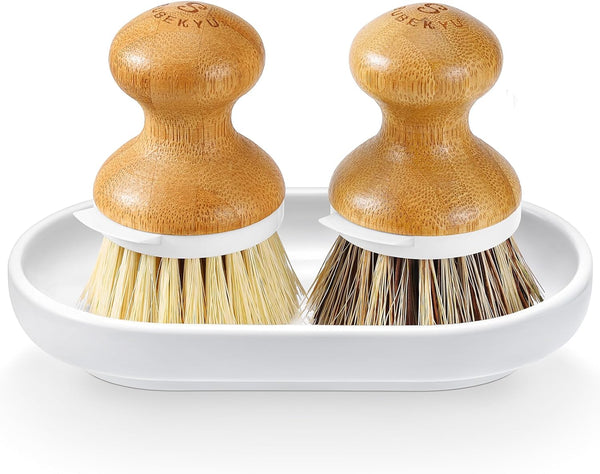 SUBEKYU Dish Brush, Bamboo Dish Scrubber Brush Set with Tray, Natural Kitchen