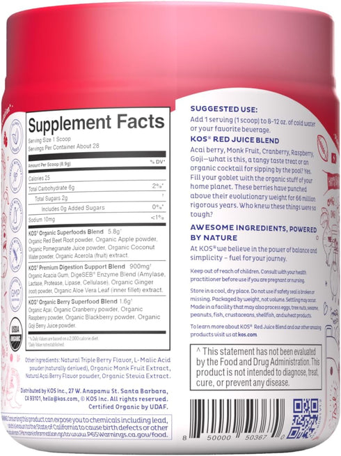 KOS Reds Superfood Powder for Antioxidants, USDA Organic Beet Root, Goji Berries, Acai, Pomegranate, 28 Servings