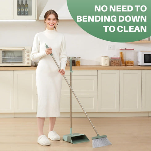 Set, JOYMOOP Dark Teal Green Broom and Dustpan Upright Angle with Built-in Comb Teeth, Ideal for Home, Office