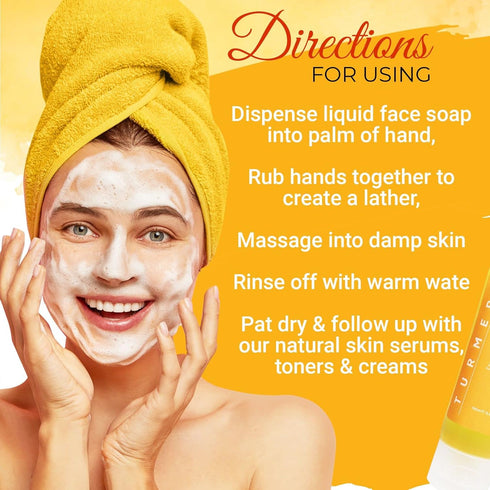 Turmeric Face Wash - 100% Natural Anti Aging Exfoliating Liquid Soap for Spots, Acne Scars, Sun Damage, Discoloration