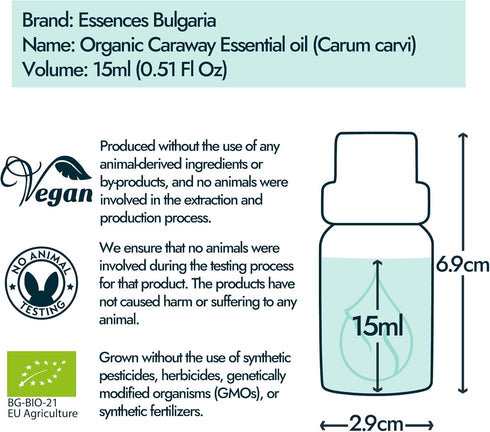 Essences Bulgaria Organic Caraway Essential Oil 0.51 Fl Oz 15ml 100% Pure Natural for Aromatherapy, Massage, Candle