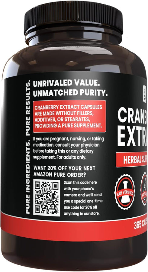 PURE ORIGINAL INGREDIENTS Cranberry Extract (365 Capsules) No Magnesium Or Rice Fillers, Always Pure, Lab Verified