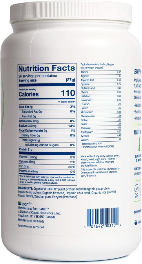 LeanFit Organic Plant-Based Protein, Unflavored, 21g Vegan Protein, 26 Servings, 1.58 Pound Tub, Non-GMO