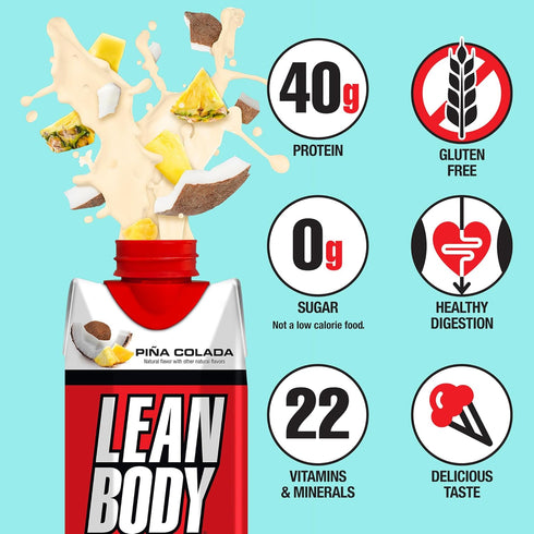 Lean Body Ready-to-Drink Pina Colada Protein Shake, 40g Protein, Whey Blend, 0 Sugar, Gluten Free, 22 Vitamins &