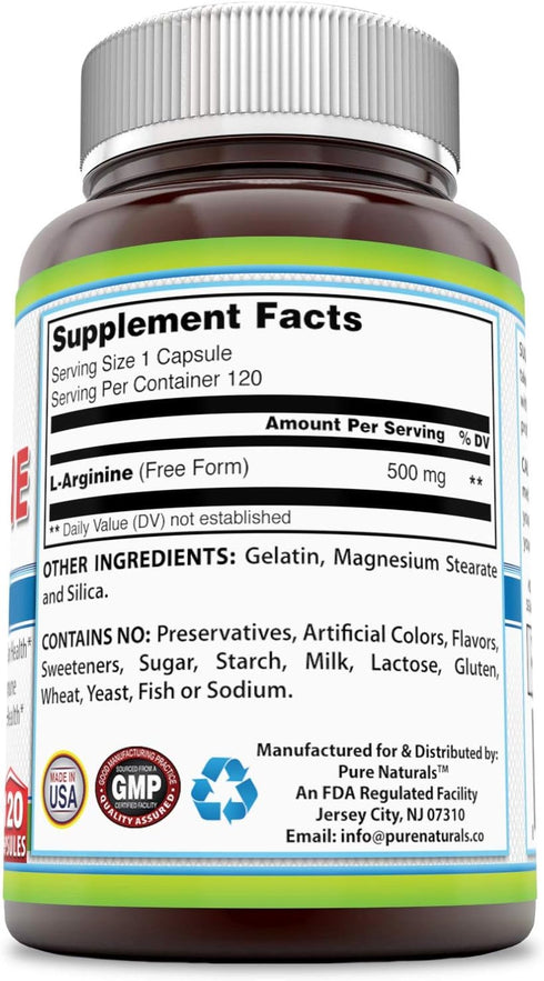 Pure Naturals L-Arginine 500 Mg Capsules, Supports Cardiovascular Health, Immune Function & Circulation (120)