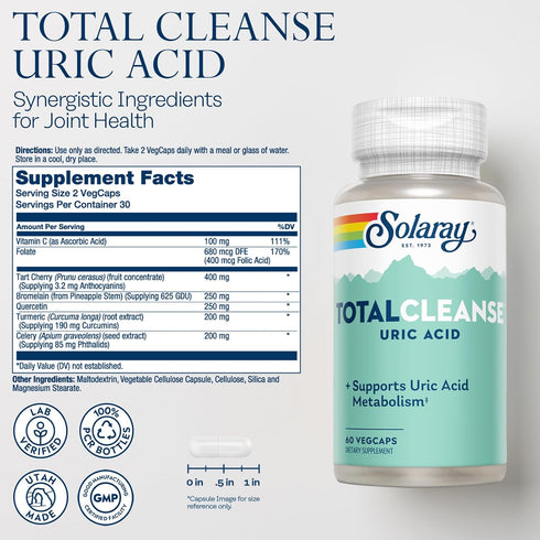 Solaray Total Cleanse Uric Acid Supplement - Joint Health with Tart Cherry Extract, 30 Serv, 60 VegCaps