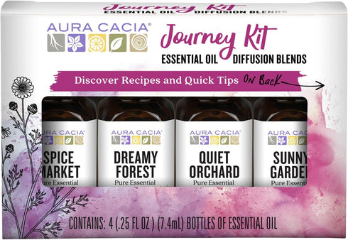 Aura Cacia Journey Essential Diffusion Oils Kit, 4-Pack, Spice Market, Dreamy Forest, Quiet Orchard & Sunny Garden Pure Oils