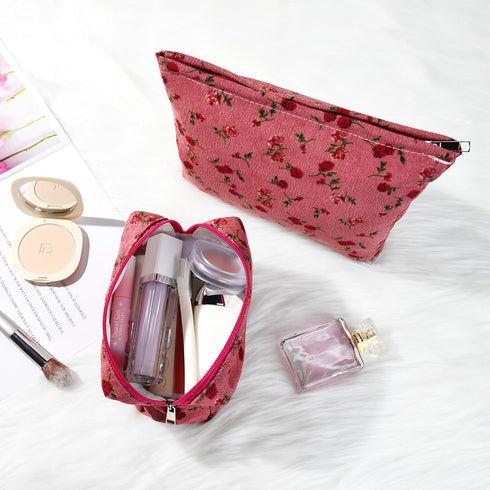 2 Pieces Red Rose Makeup Bag, Large Capacity Canvas Travel Toiletry Bag Organizer for Women