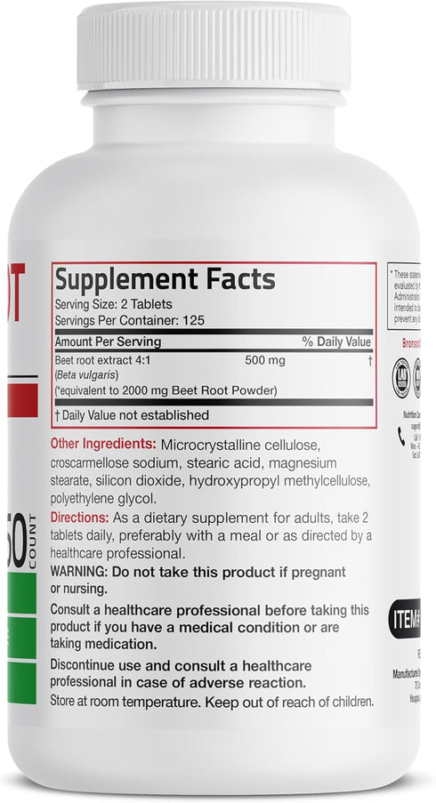 Bronson Beet Root Extra Strength (equivalent to 2000mg beet root per serving from 500mg 4:1 extract), Non-GMO, 250 Vegetarian Tablets