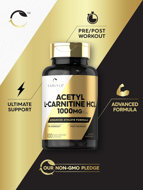 Carlyle Acetyl L-Carnitine HCL Capsules 1000mg | 100 Count | Gluten Free, Non-GMO Supplement