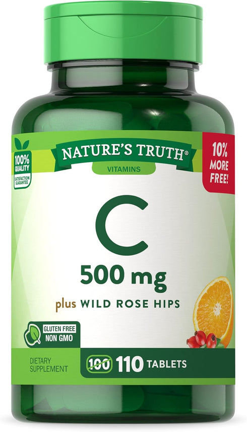 Vitamin C with Rose HIPS 500 mg - 110 Vegetarian Tablets, Non-GMO & Gluten Free by Nature's Truth.
