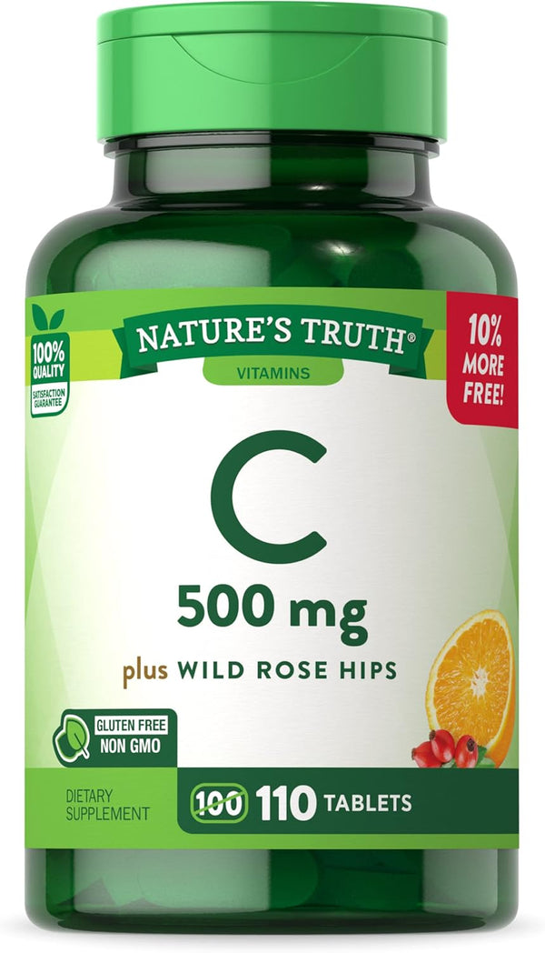 Vitamin C with Rose HIPS 500 mg - 110 Vegetarian Tablets, Non-GMO & Gluten Free by Nature's Truth.