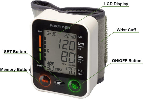 PARAMED Automatic Wrist Blood Pressure Monitor - Blood-Pressure Kit with Cuff, Irregular Heartbeat Detector